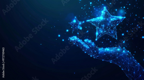 Concept of customer reviews. Five-star rating and positive feedback displayed. Human hand presenting five-star excellence. Futuristic low poly wireframe vector illustration on a tech blue backdrop.