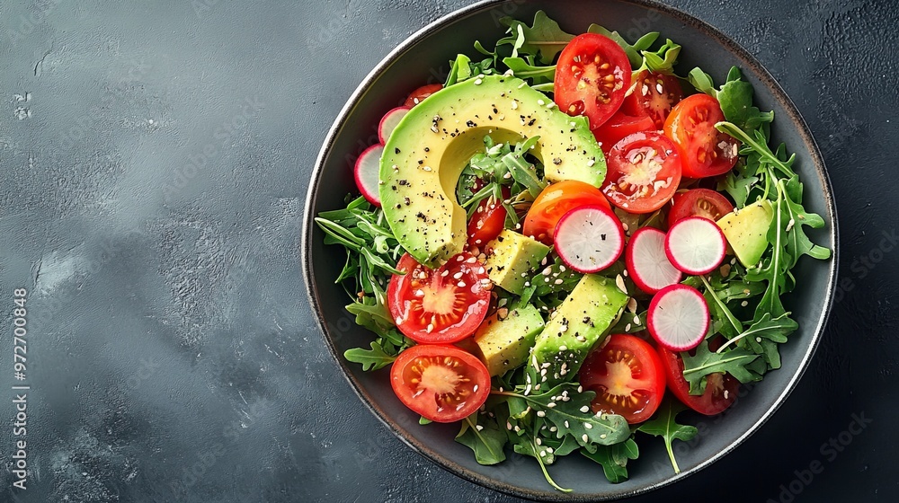 Diet menu. Healthy salad of fresh vegetables - tomatoes, avocado, arugula, radish and seeds on a bowl. Vegan food. Flat lay. Banner. Top view Diet menu. Healthy salad of fresh vegetables - tomatoes, avocado, arugula, radish and seeds on a bowl. Vegan food. Flat lay. Banner. Top view