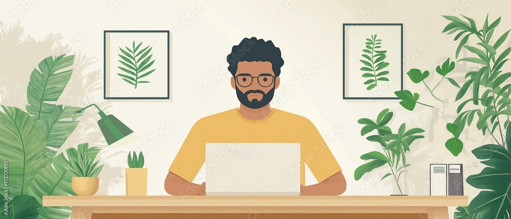 Fototapeta premium A young man working intently on his laptop, surrounded by lush green plants in a cozy, nature-inspired setting.