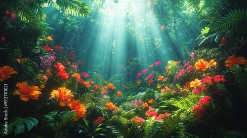 Lush forest scene with vibrant flowers and sun rays filtering through.