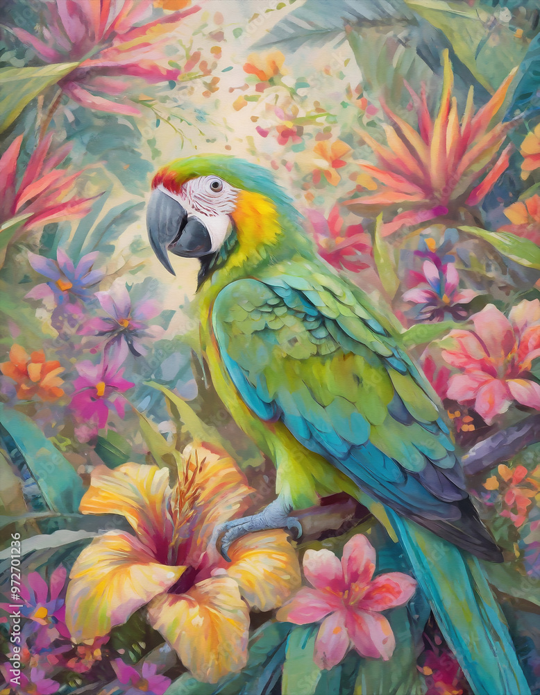 A Parrot amidst jungle foliage and flowers. Vibrant tropical illustration. A Parrot amidst jungle foliage and flowers. Vibrant tropical illustration.