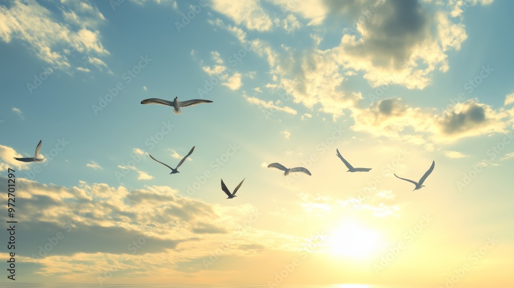 Fototapeta premium Birds flying against a colorful sunset sky over the horizon in a tranquil landscape at dusk