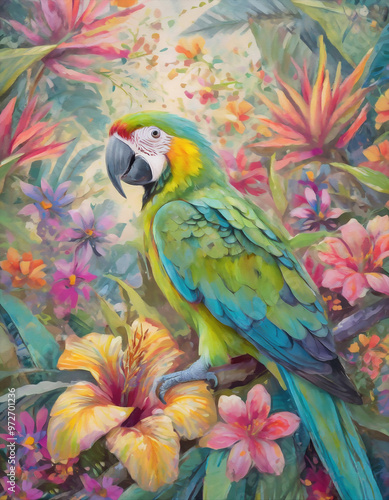 A Parrot amidst jungle foliage and flowers. Vibrant tropical illustration.