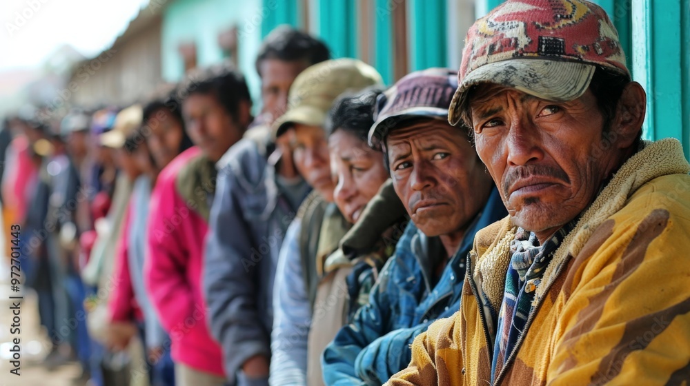 A long line of people waiting at a food distribution center, their faces weary and anxious, illustrating the desperation caused by food scarcity A long line of people waiting at a food distribution center, their faces weary and anxious, illustrating the desperation caused by food scarcity