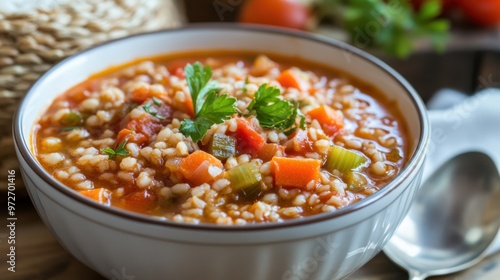 A colorful and hearty barley and vegetable stew with carrots, celery, and tomatoes.