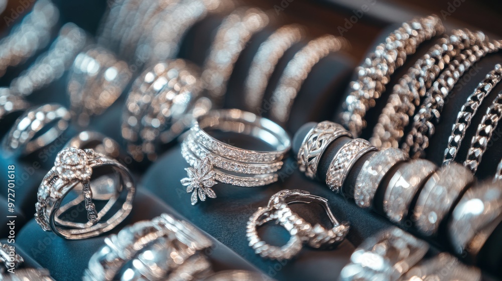 custom made wallpaper toronto digitalA close-up of silver jewelry on display in a boutique, featuring rings, bracelets, and chains