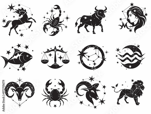 Zodiac signs collection with illustrations and stars for astrology concept