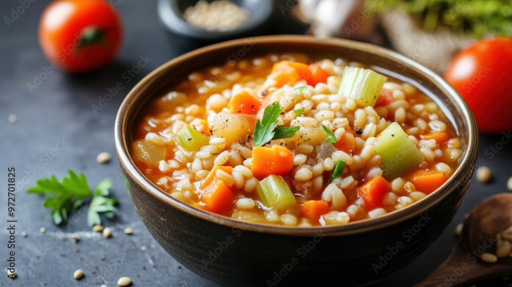 A colorful and hearty barley and vegetable stew with carrots, celery, and tomatoes. A colorful and hearty barley and vegetable stew with carrots, celery, and tomatoes.