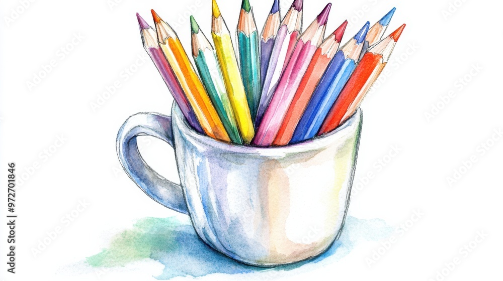 A collection of colorful art pencils arranged in a white mug on a clean surface, perfect for inspiring creativity at any time A collection of colorful art pencils arranged in a white mug on a clean surface, perfect for inspiring creativity at any time