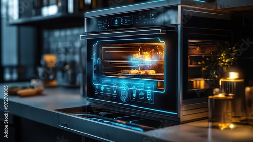  High-tech oven in sleek, modern kitchen, cooking delicious meal with precision. LED display and controls enhance user experience, combining culinary skills with advanced technology.