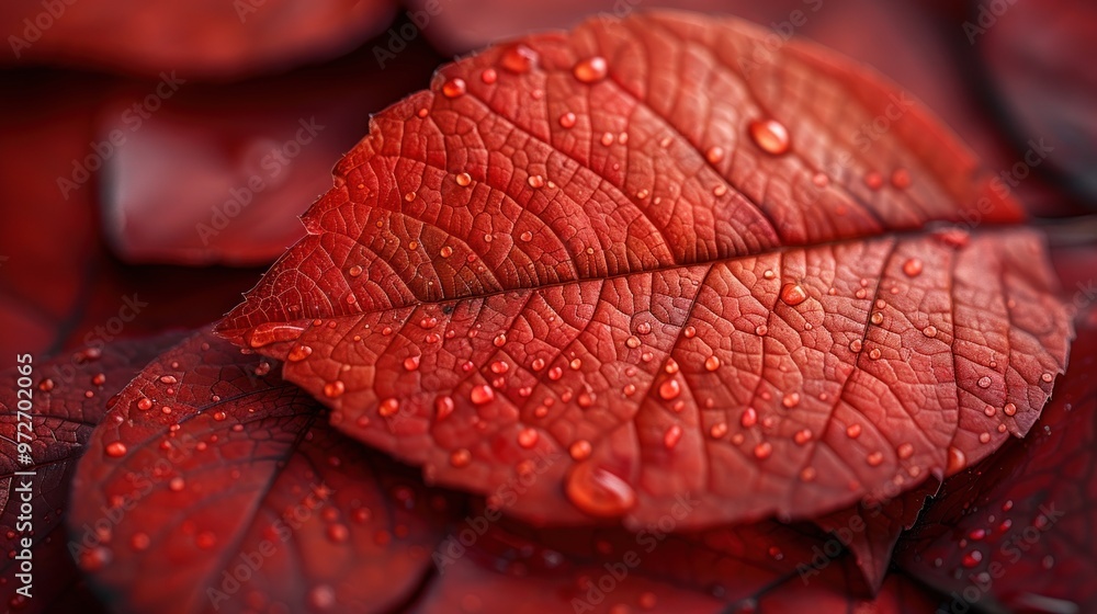 Fototapeta premium Vibrant red leaves glistening with raindrops in the soft light of autumn afternoon. Generative AI