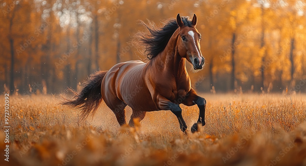 Obraz premium Brown Horse Galloping in Autumn Grassland, Cinematic Nature Scene. AI generated illustration
