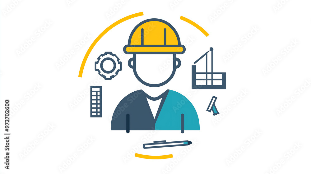 Minimalist vector icon of an engineer with a helmet construction tools and building elements in a yellow and blue color palette on a white background Minimalist vector icon of an engineer with a helmet construction tools and building elements in a yellow and blue color palette on a white background