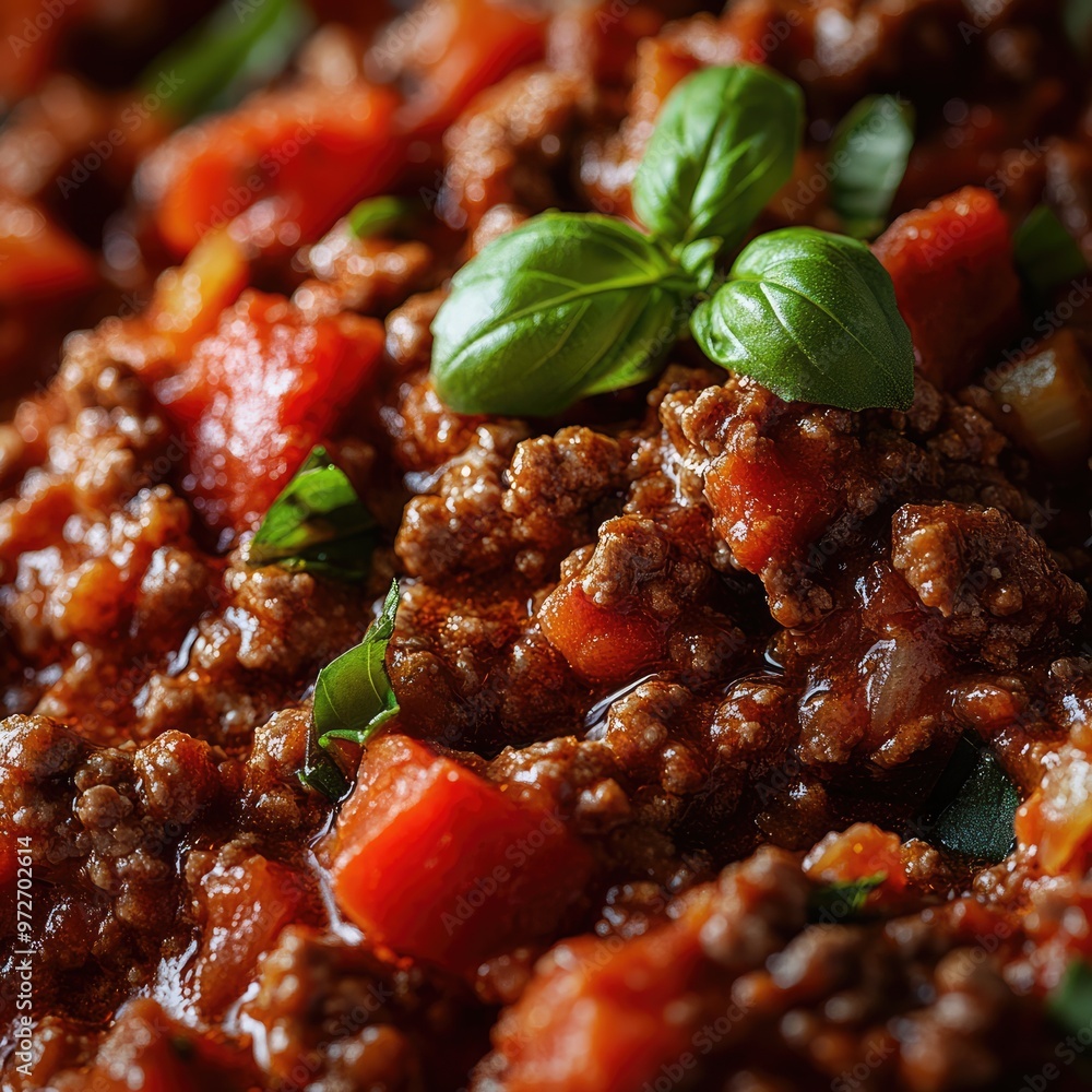 Macro Shot of Minced Meat and Diced Vegetables in Bolognese Sauce Macro Shot of Minced Meat and Diced Vegetables in Bolognese Sauce