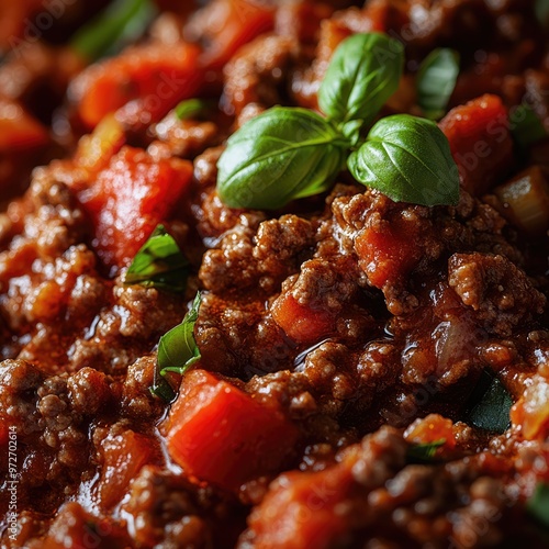 Macro Shot of Minced Meat and Diced Vegetables in Bolognese Sauce photo