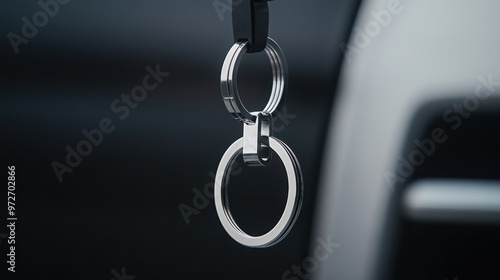 A detailed shot of a silver keychain with a minimalist design, hanging from a modern car key