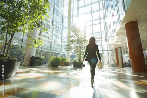 Woman Walking Through a Modern Glass Building