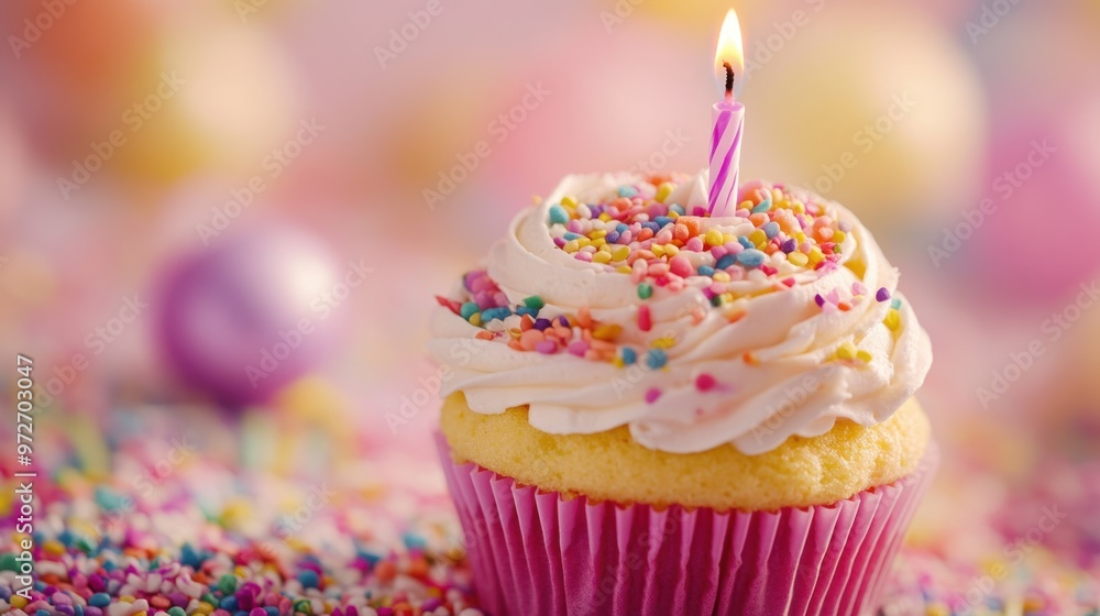 A colorful birthday cupcake with a single candle, surrounded by festive sprinkles. A colorful birthday cupcake with a single candle, surrounded by festive sprinkles.