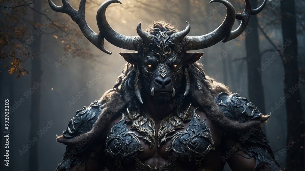 Naklejka premium a powerful male warrior with a big horn