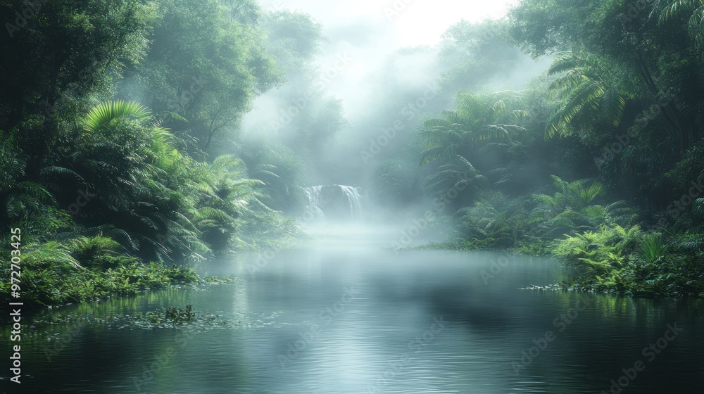 Misty jungle landscape with a serene river and waterfalls. Misty jungle landscape with a serene river and waterfalls.