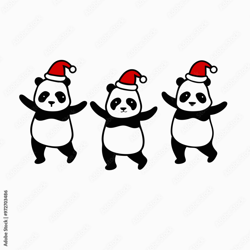 Three joyful pandas wearing red Christmas hats dancing together with happy expressions against a plain background
Three joyful pandas wearing red Christmas hats dancing together with happy expressions against a plain background