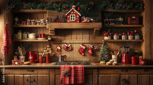 Christmas kitchen with festive towels, cookie cutters, a gingerbread house, and holiday mugs, ready for baking. 4K hyperrealistic photo.