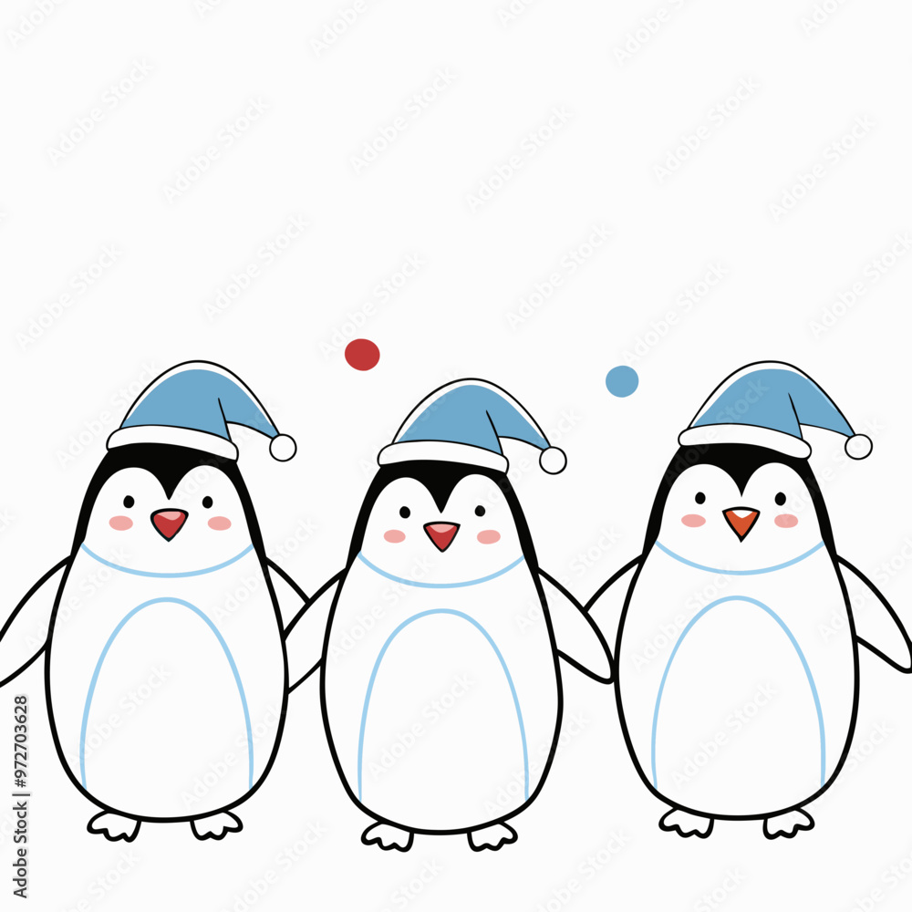 Fototapeta premium Three cute penguins with happy expressions wearing blue Christmas hats standing together against a plain background 