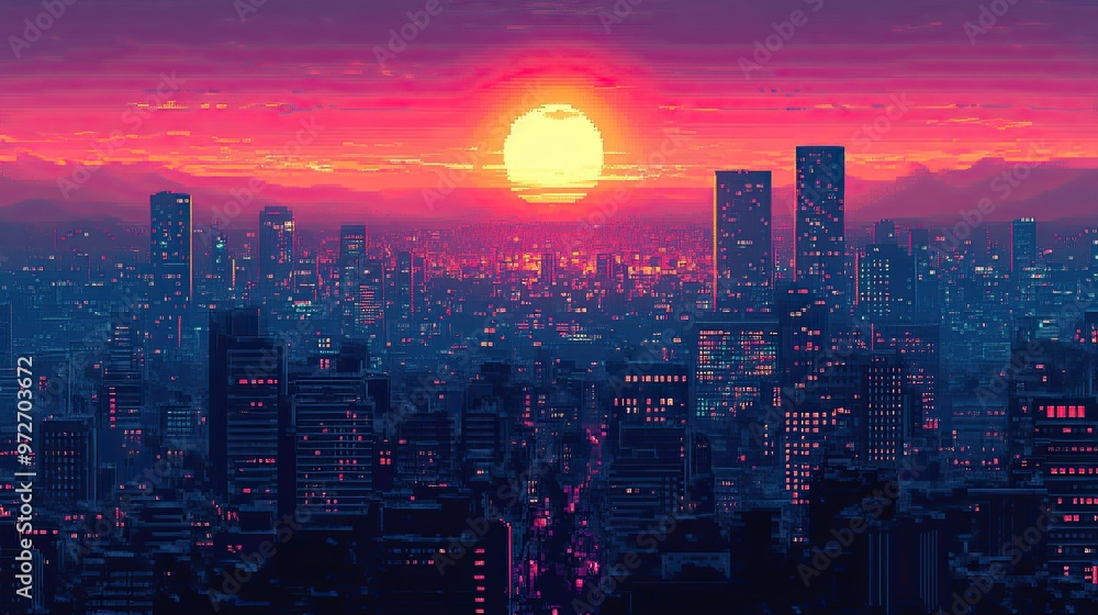 Fototapeta premium A vibrant pixel art cityscape at sunset, with pixelated buildings casting long shadows and a pixelated sun setting on the horizon, creating a nostalgic and retro feel.