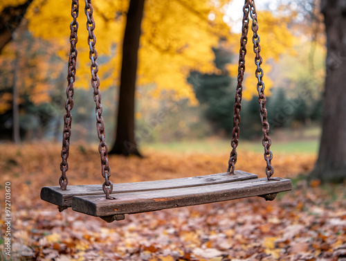 Orange fall leaves in park, autumn natural background, Autumn Landscape - Trees And Orange Foliage In Park 