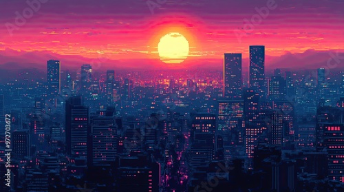 A vibrant pixel art cityscape at sunset, with pixelated buildings casting long shadows and a pixelated sun setting on the horizon, creating a nostalgic and retro feel.