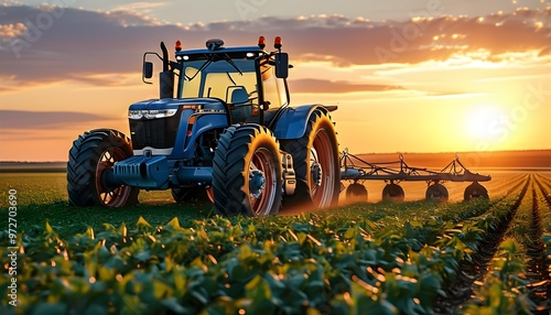 Tractor silhouette against a vibrant sunset in an expansive field, blending technology and nature in harmony photo