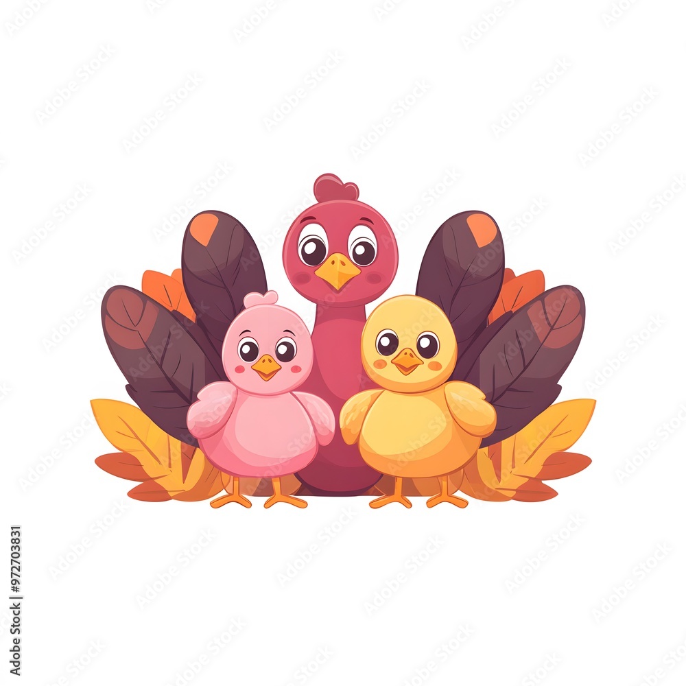 Cute Thanksgiving Turkey Family with Fall Leaves Cute Thanksgiving Turkey Family with Fall Leaves