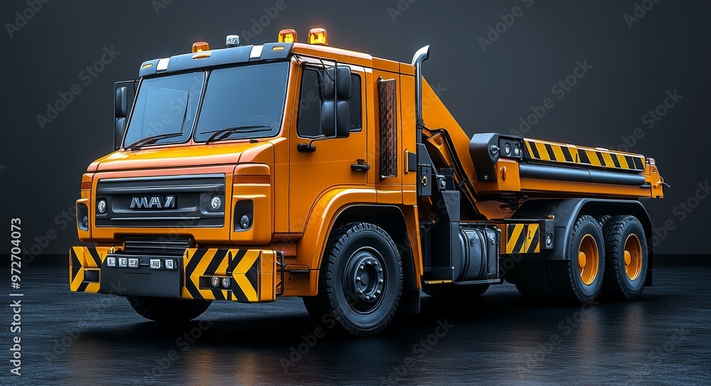 Fototapeta premium Orange Construction Truck Model, Dump Truck with Safety Reflectors