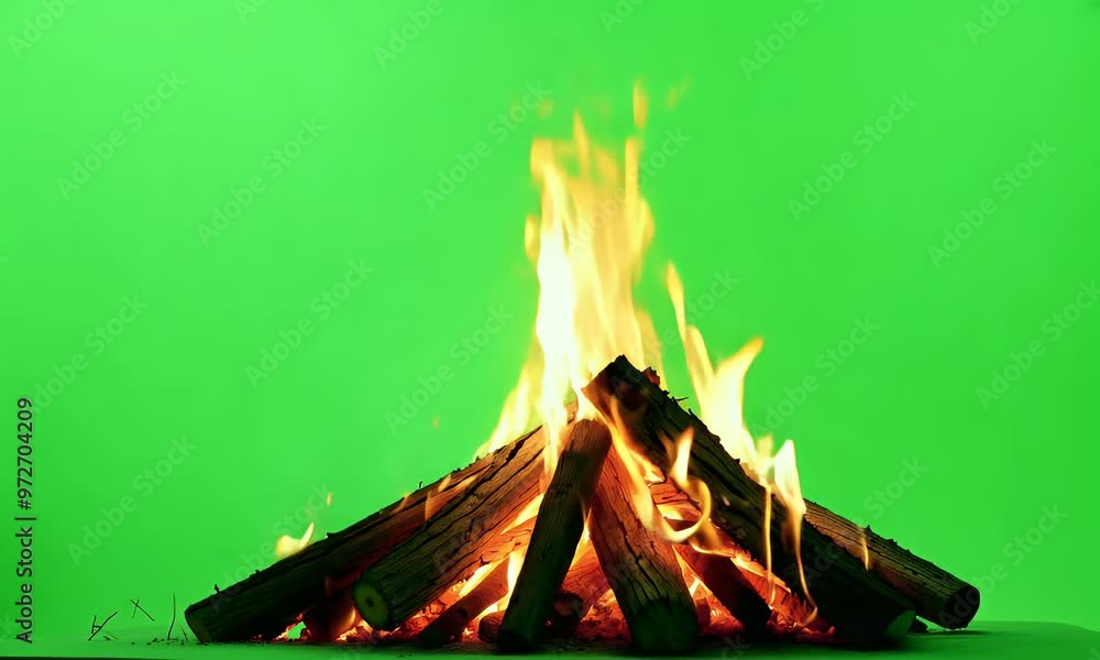 Bonfire flames flicker over logs on green screen, offering a dynamic fire effect for use in chroma key video edits