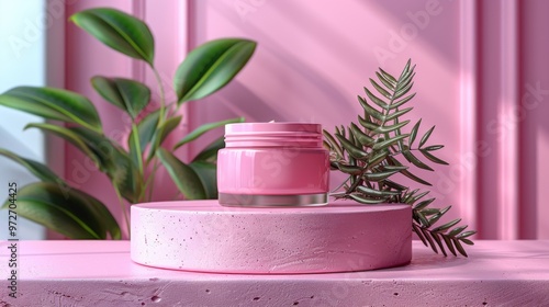 A peaceful moment with a pink cream jar surrounded by greenery in a softly lit pink room. Generative AI photo