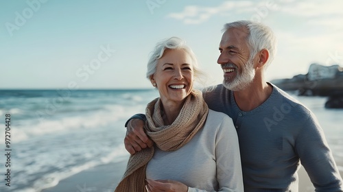 A happy senior couple smiling and walking hand in hand on the beach, with the ocean behind them