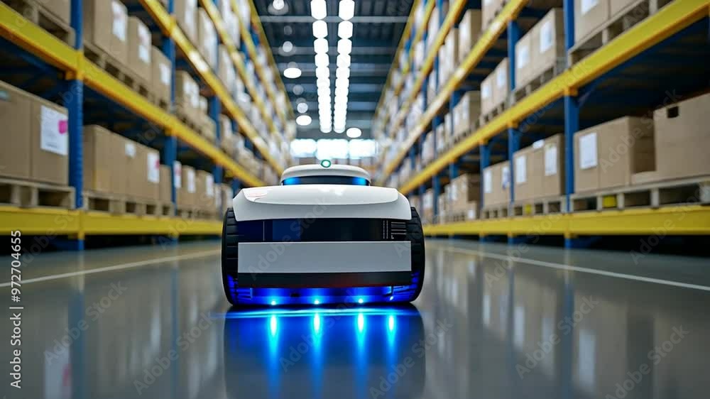 Automated Logistics: A futuristic warehouse scene with a sleek, white ...