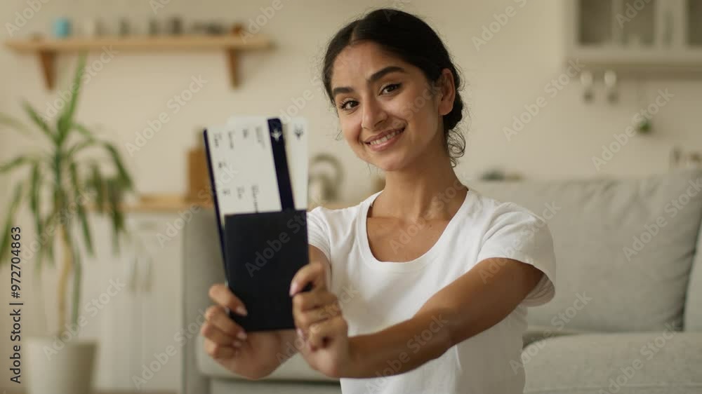 Happy smiling Arabian woman at home Indian girl female traveler tourist holding showing passport travel agency tickets at camera positive preparing trip vacation holiday anticipation airline service Happy smiling Arabian woman at home Indian girl female traveler tourist holding showing passport travel agency tickets at camera positive preparing trip vacation holiday anticipation airline service