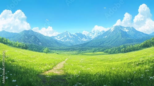 A serene anime landscape featuring a winding path that leads towards majestic mountains in the background. photo