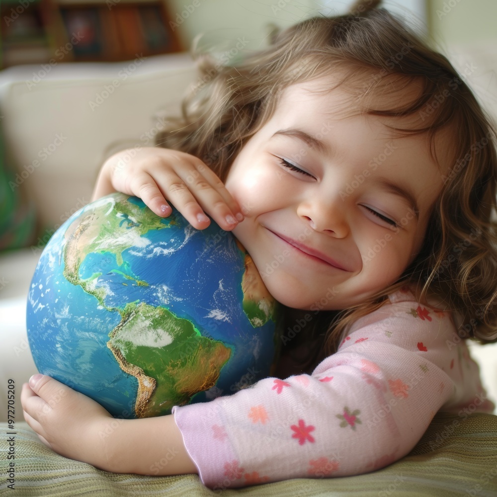 Happy Little Girl Embracing a Globe with Closed Eyes, Representing Love for Planet Earth Happy Little Girl Embracing a Globe with Closed Eyes, Representing Love for Planet Earth