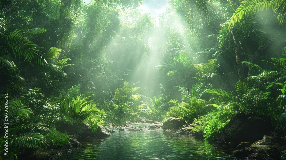Obraz premium Lush jungle scene with sunlight filtering through dense foliage.
