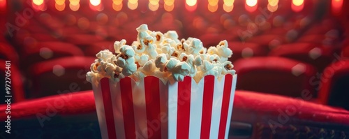 Full popcorn bucket with a bokeh background