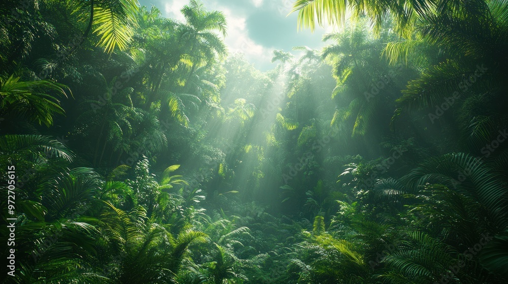 Obraz premium Lush tropical forest with sunlight filtering through the canopy.