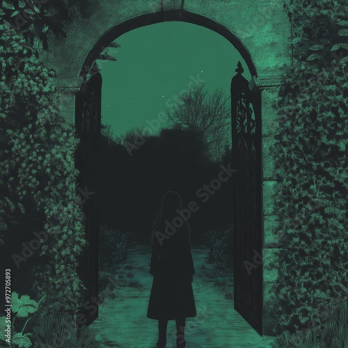 A girl emerges from a flooded gate near bare trees in a deserted garden. A lamp illuminates the scene. photo