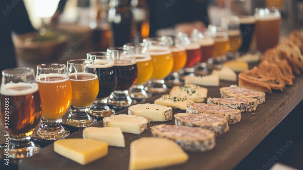 A craft beer tasting event with a variety of unique beers, cheese pairings, and A craft beer tasting event with a variety of unique beers, cheese pairings, and