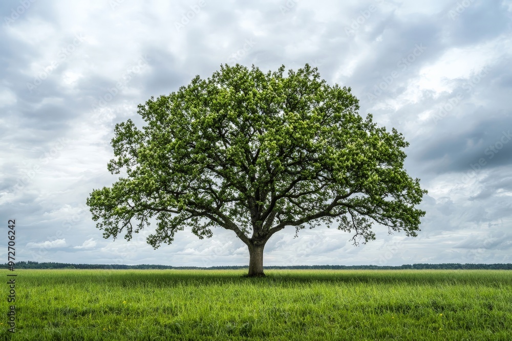 A majestic oak tree standing alone in a wide-open field, its branches spreading out under a cloudy sky, symbolizing strength and resilience A majestic oak tree standing alone in a wide-open field, its branches spreading out under a cloudy sky, symbolizing strength and resilience