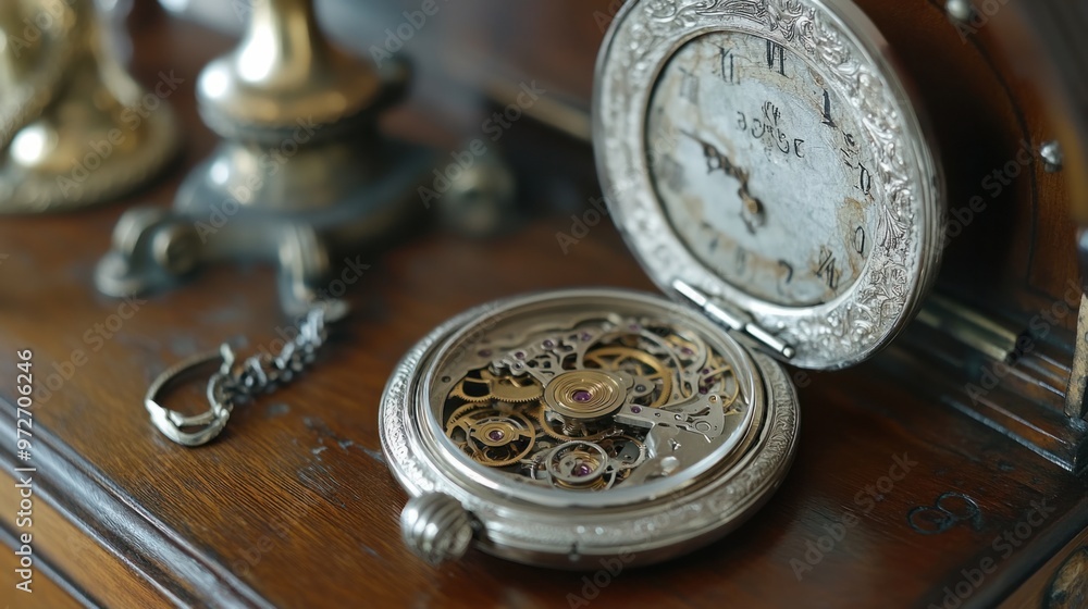 A silver pocket watch open on an antique desk, showing intricate mechanical details inside A silver pocket watch open on an antique desk, showing intricate mechanical details inside