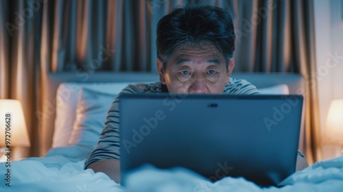 Adult Asian man showing focus expression while working using laptop in his bed photo