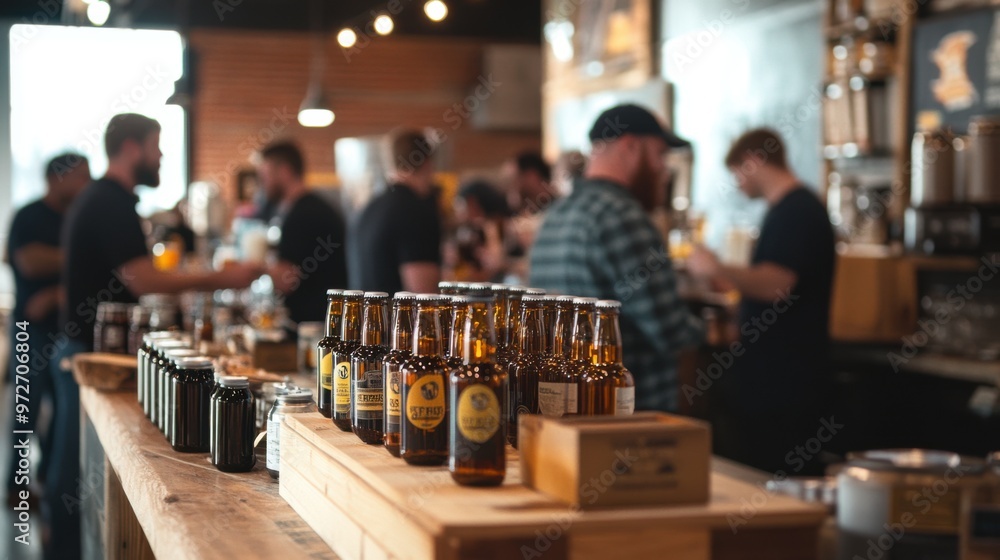 A craft brewery cozy taproom with a selection of craft beers on tap and patrons enjoying A craft brewery cozy taproom with a selection of craft beers on tap and patrons enjoying