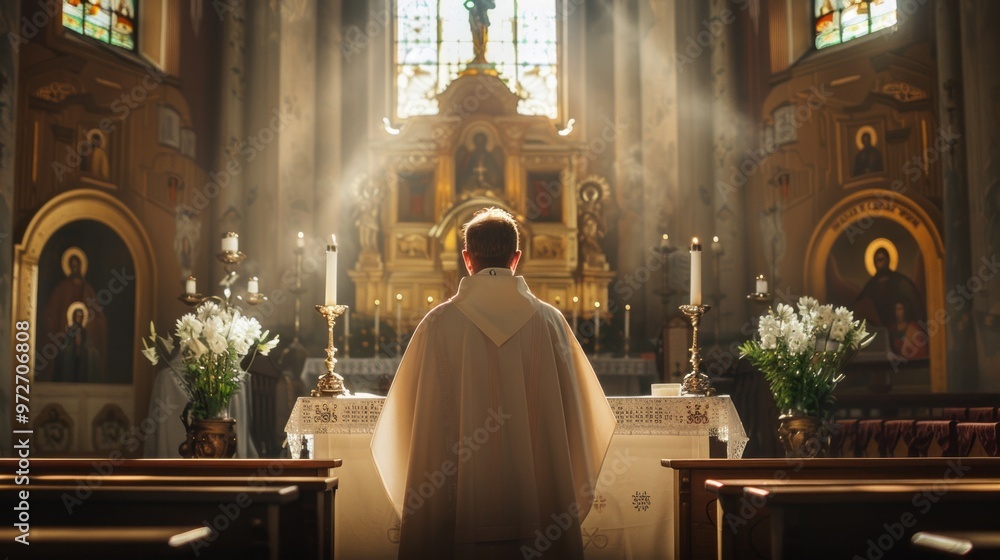 A man in a white robe stands in front of a church altar A man in a white robe stands in front of a church altar